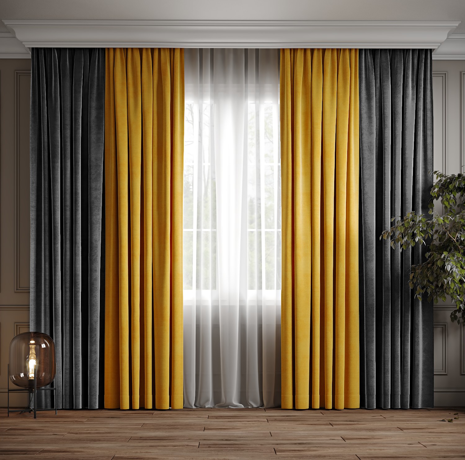 

Комплект двухцветные шторы Ann-Tailor микровелюр Серый с желтым 300x270 см 2 шт (372-344)