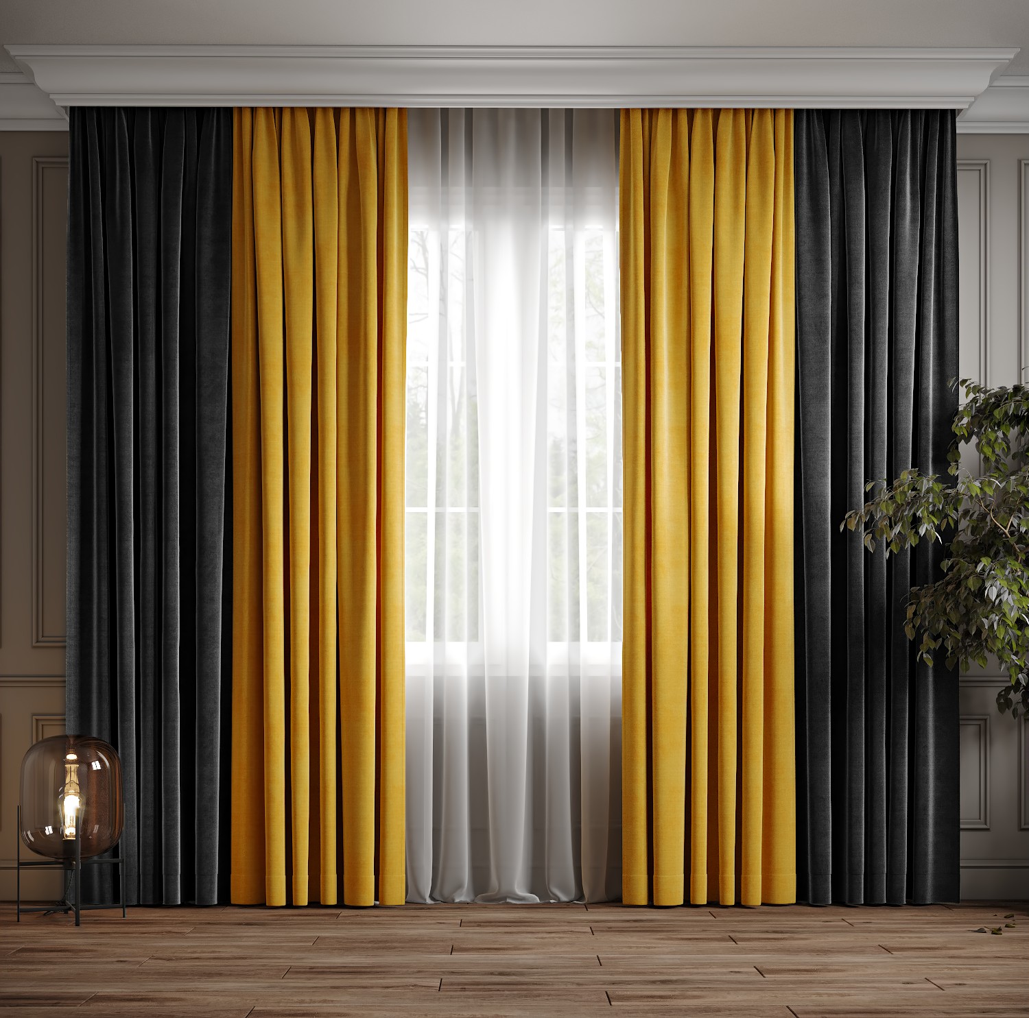 

Комплект двухцветные шторы Ann-Tailor микровелюр Темно-серый с желтым 250x270 см 2 шт (340-344)