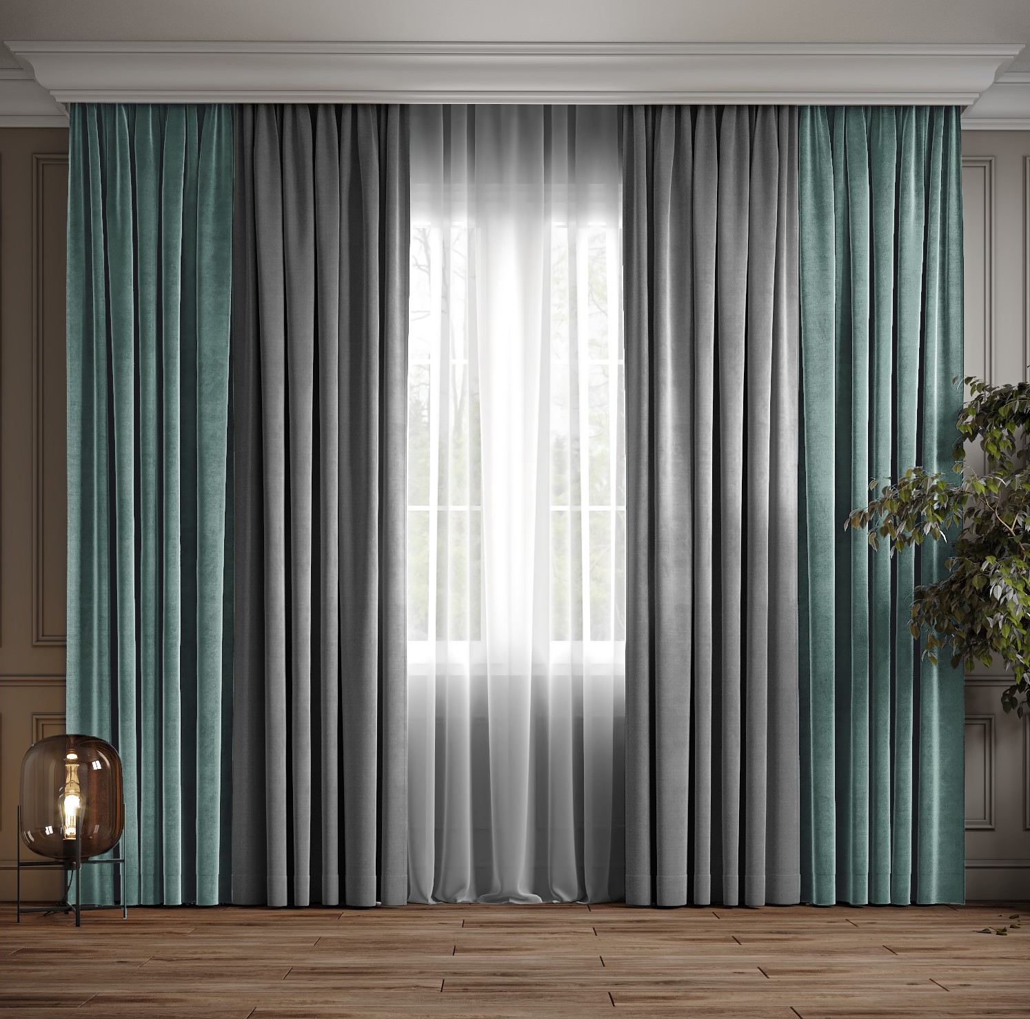 

Комплект двухцветные шторы Ann-Tailor микровелюр Светло-серый с мятным 250x270 см 2 шт (371-208)
