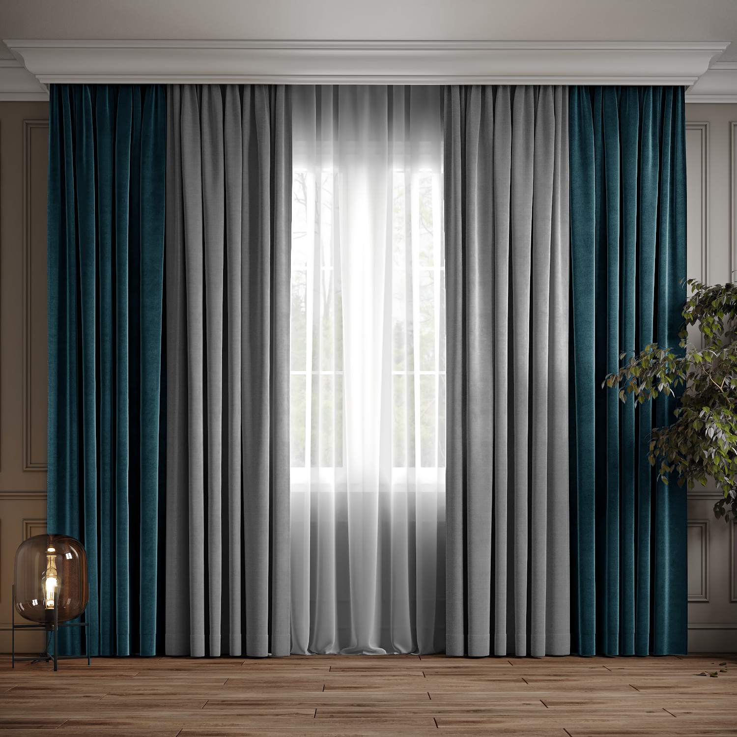 

Комплект двухцветные шторы Ann-Tailor микровелюр Бирюза с светло серым 300x270 см 2 шт