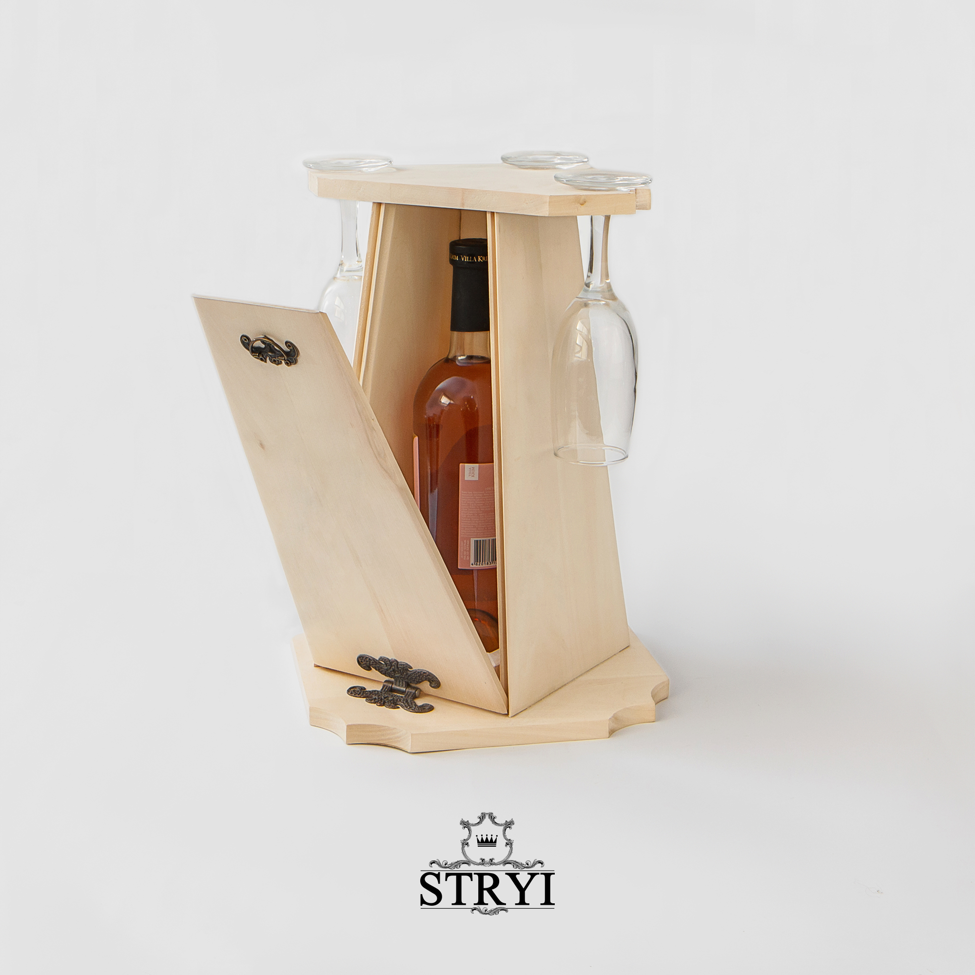 

Пирамида под вино и 3 бокала, липовая заготовка под резьбу, 35x25x18см, JB-07