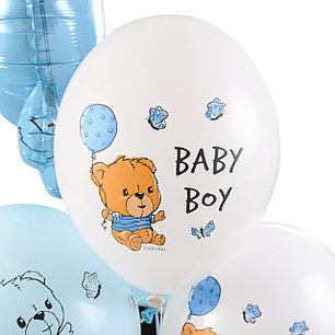 

Коробка голубая с наклейкой мишки на месяцы, связка: голубой Мишка, 8 бело-голубых шариков с мишками