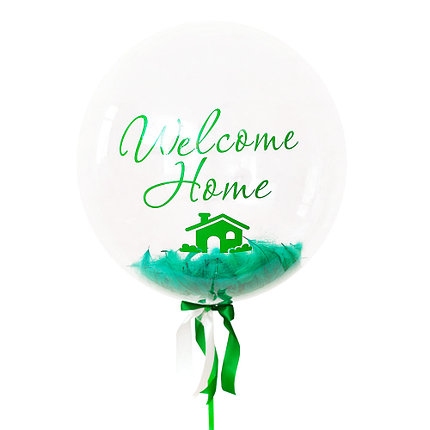 

Композиция: Шар с гелием Bubble с зеленой надписью Welcome Homе, Зелеными перьями на зеленой атласное ленте