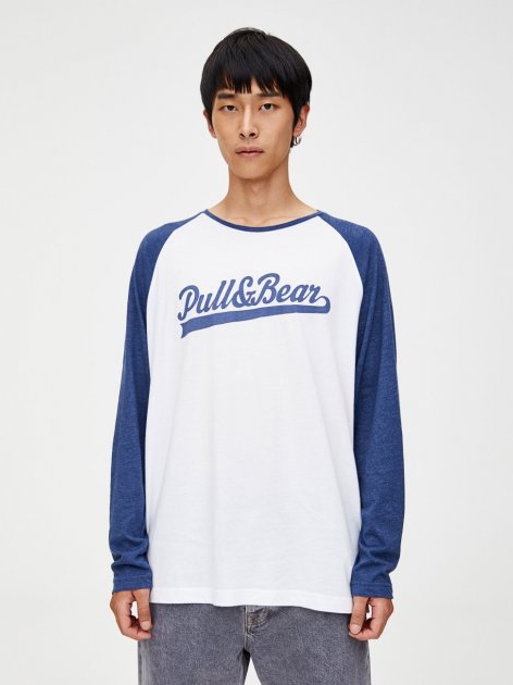 

Лонгслив Pull & Bear XAZ260844MDED M Белый-синий с принтом