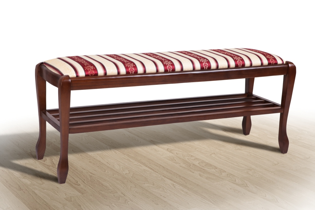 

Банкетка с полкой в прихожую/гостиную 110 см из дерева и ткани Jakard Poliester 5/1 Сиеста большая Микс Мебель Орех темный