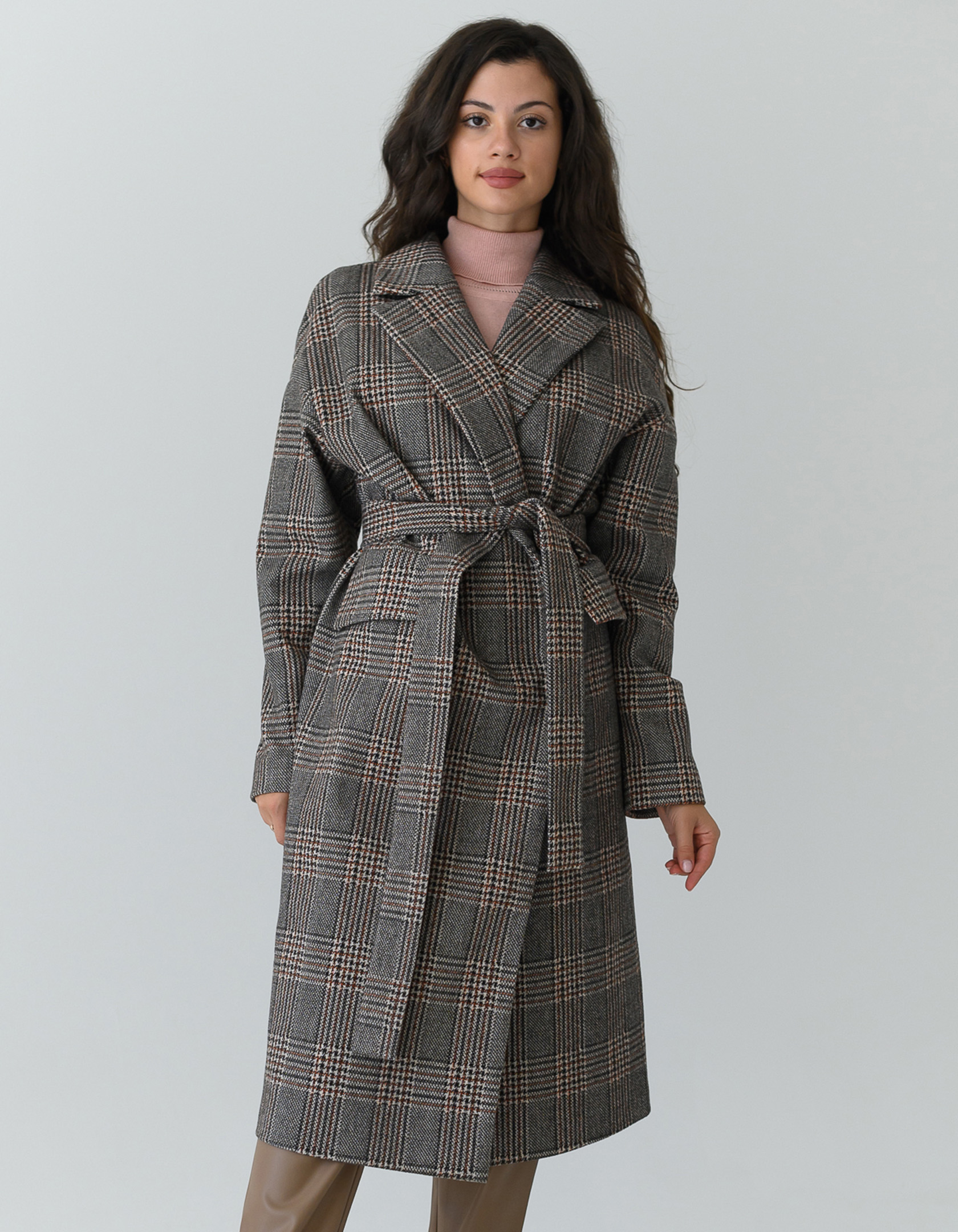 

Пальто Wear me женское демисезонное на запах с поясом в клетку M Коричневый 2W/01/37C
