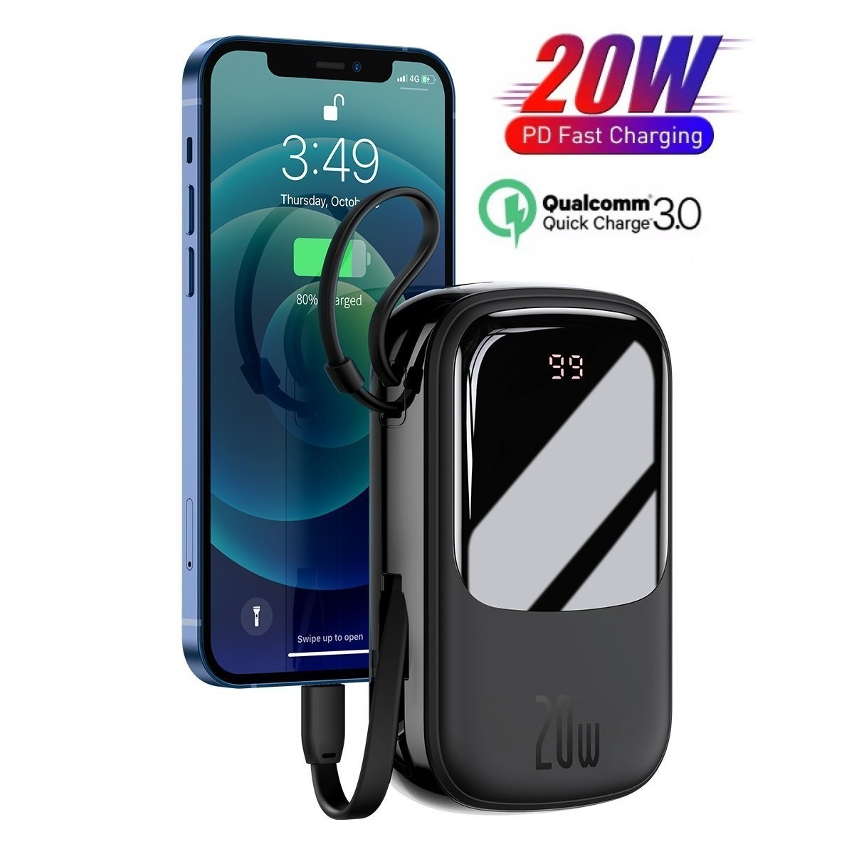 

Павербанк Baseus Q Pow 20000 mAh 20W Quick Charge + кабель Lightning для iPhone/iPad/Samsung/Xiaomi/Huawei black