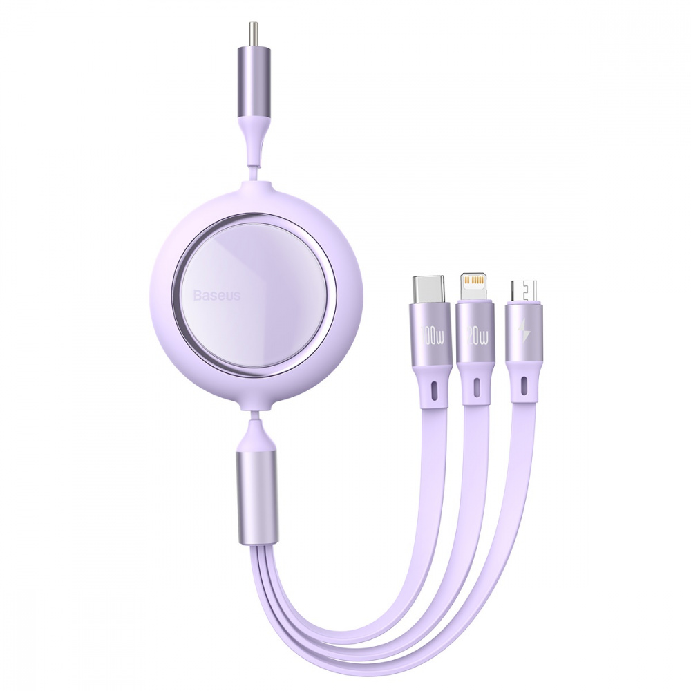 

Кабель Baseus Bright Mirror Retractable 3 in 1 (Micro USB+Lightning+Type-C) 100W (1.2m) purple