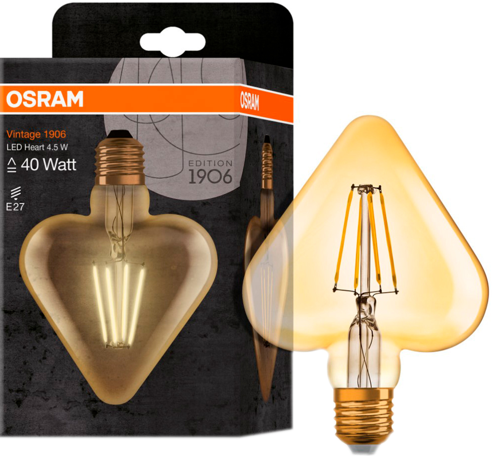 

Светодиодная лампа Osram 1906 FILAMENT GOLD сердце 4.5W (470Lm) 2500K E27 (4058075092099)