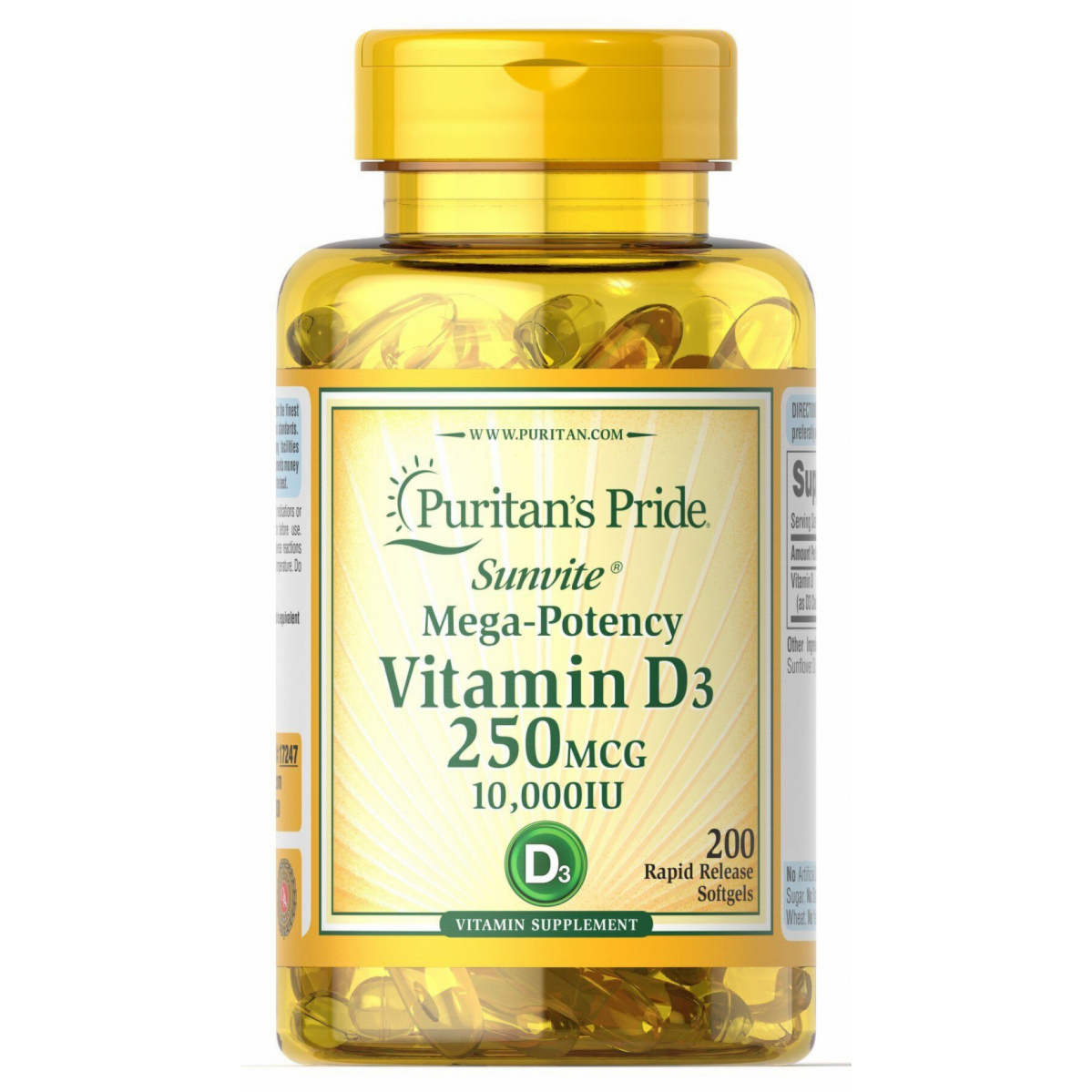 

Витамин D3, Vitamin D3, Puritan's Pride, 250 мкг, 10, 000 МЕ, 200 капсул