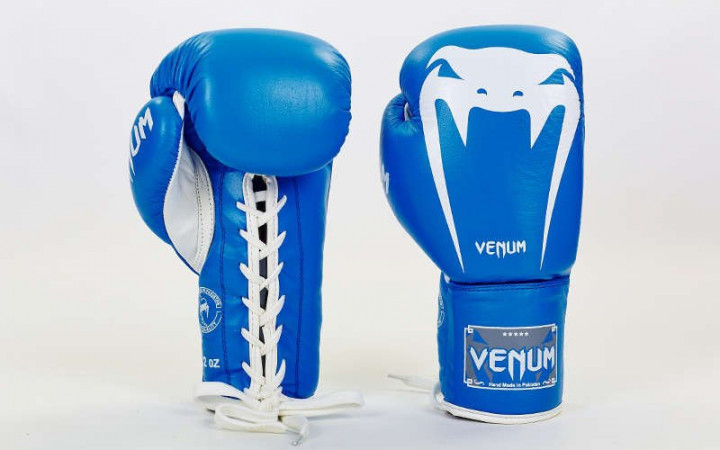 

Перчатки боксерские кожаные на шнурке Venum VL-5786-B вес 12oz Синий