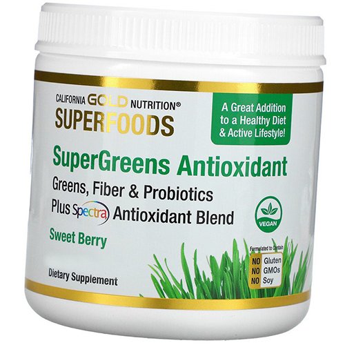 

Комплекс Антиоксидантов из суперзелени, клетчатки и пробиотиков, Supergreens Antioxidant, California Gold Nutrition 171г Сладкая ягода (70427004)