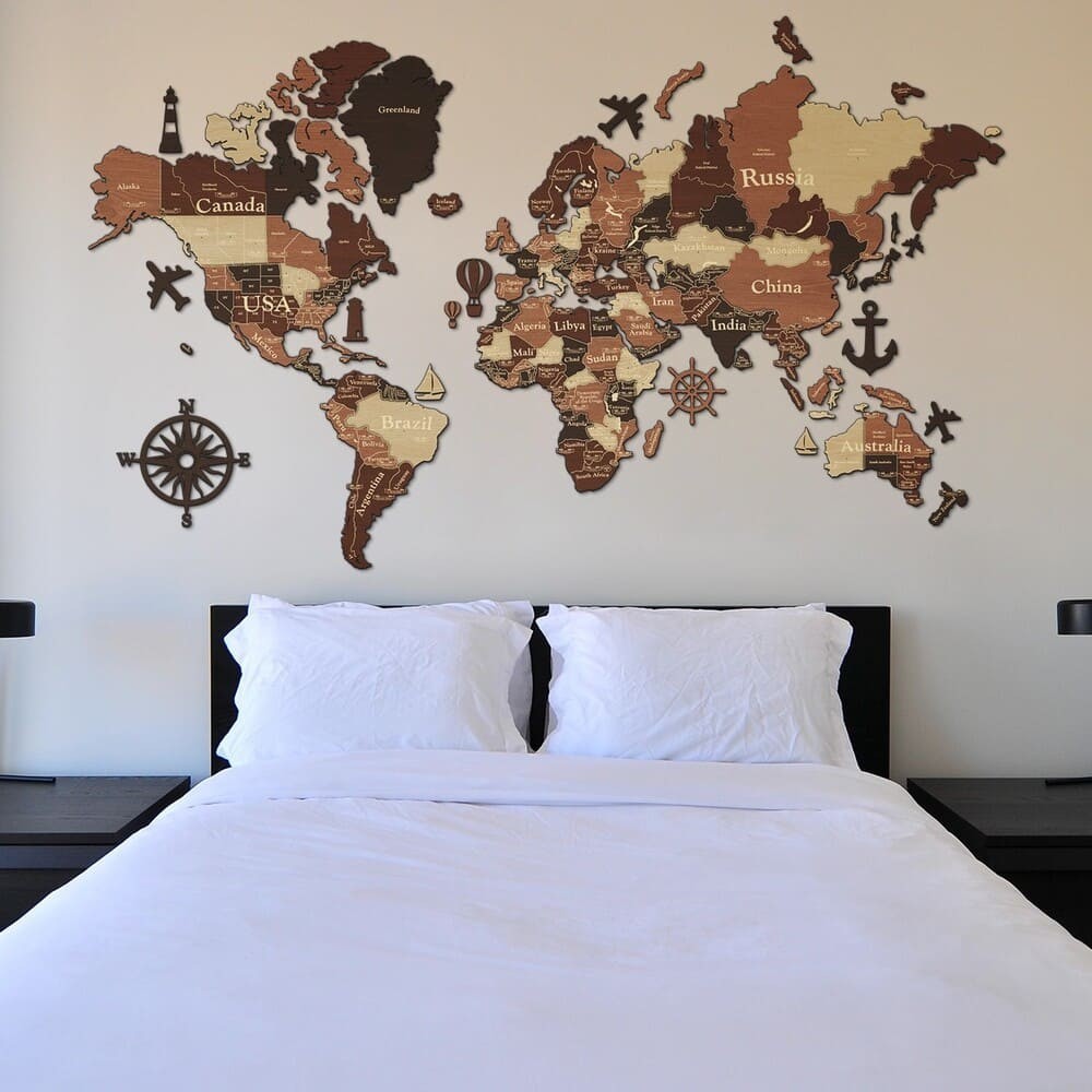 

Деревянная карта мира на стену из дерева многослойная LikeWood Standart 3D M 150 × 90 см Гравировка Страны и города Орех и палисандр