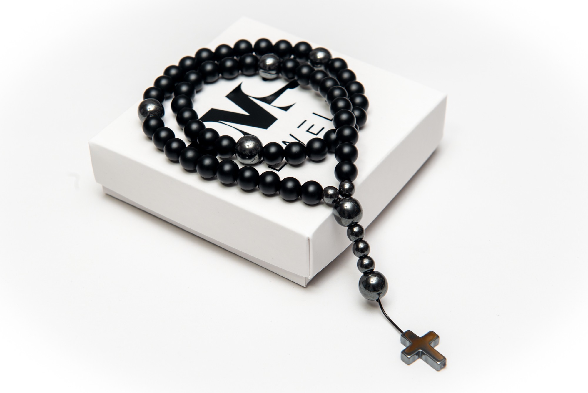 

Браслет-четки женский с крестом или бусы DMS Jewelry из натуральных камней Ø 6-8-10мм: шунгит и гематит (синт) rosary beads
