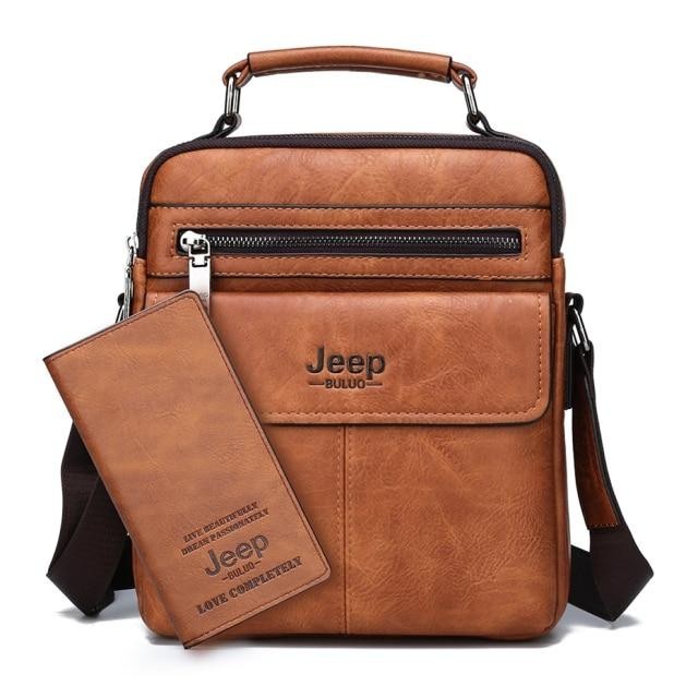 

Мужская брендовая кожаная сумка через плечо Jeep Buluo Light brown + кошелек