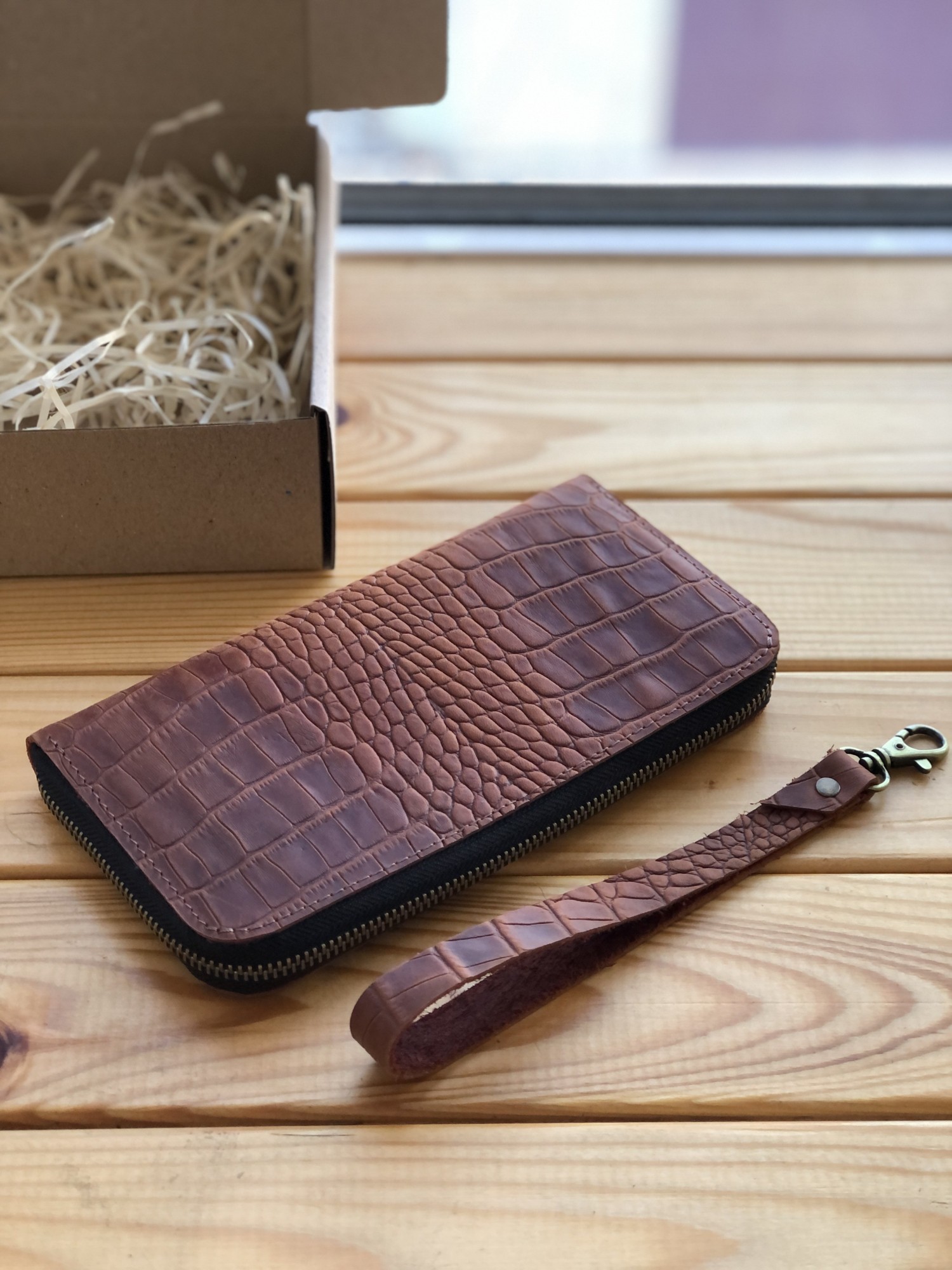 

Кожаный кошелек Shiynik Zipper Коньяк Кроко