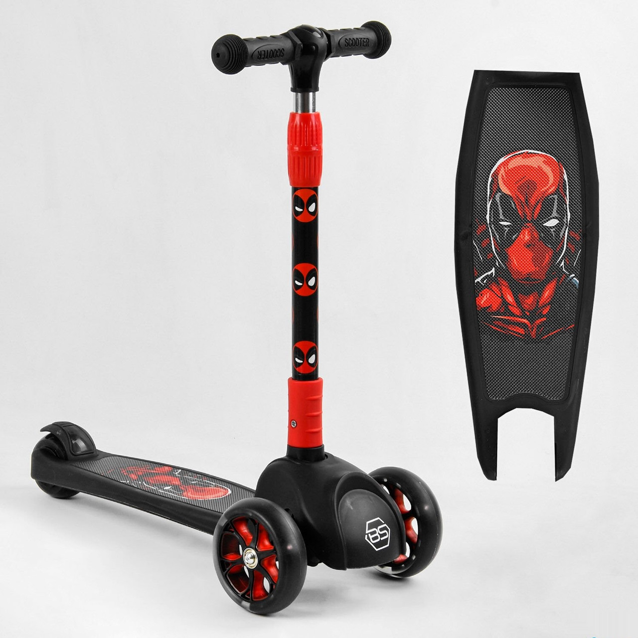 

Самокат трехколесный Best Scooter 79166 Deadpool, светящиеся колеса и диски, складной руль, Черно-красный