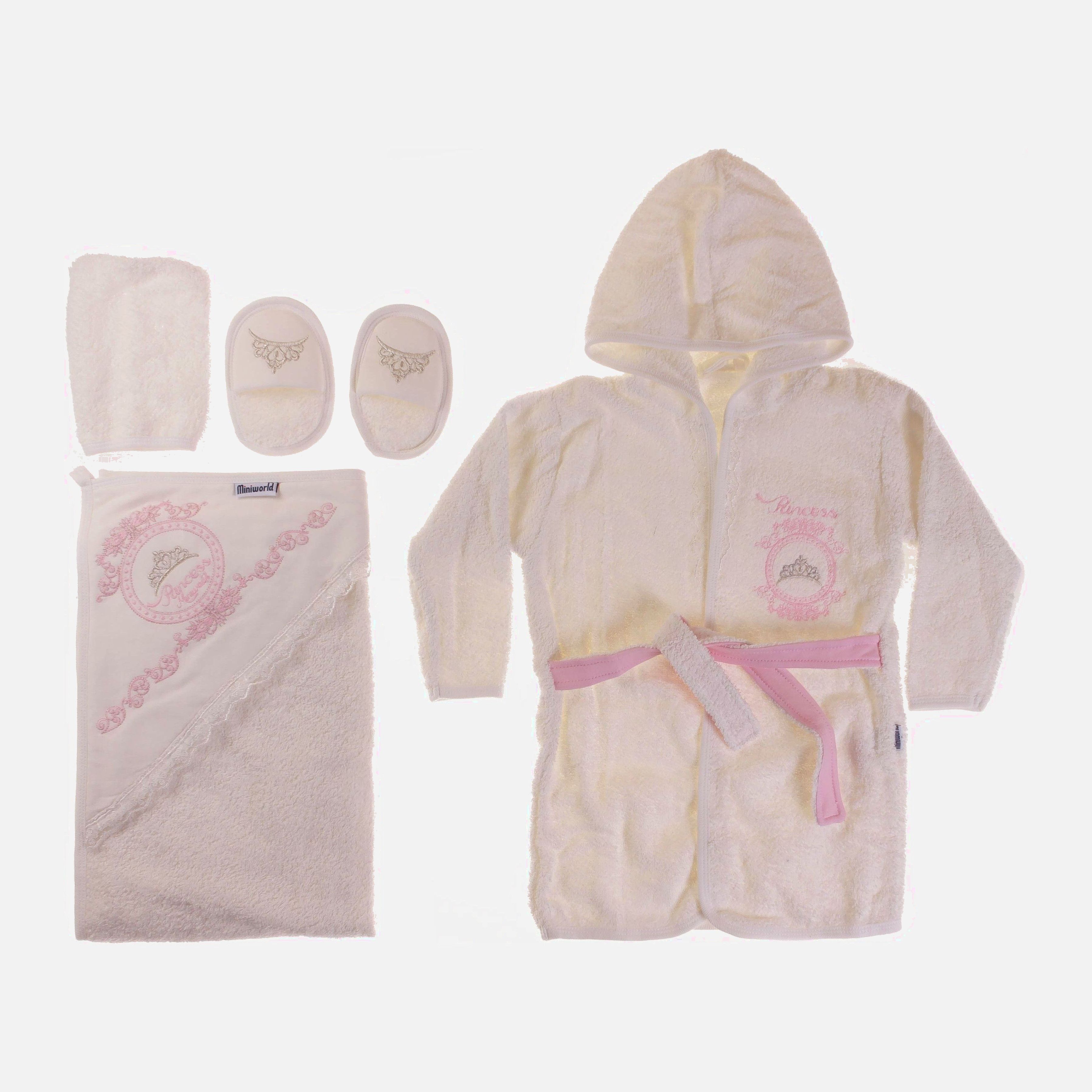 

Комплект (халат + полотенце + рукавичка + тапочки) MiniWorld 14446 86 см Кремовый/Розовый (0489534000005)