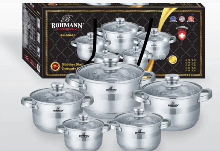 

Набор посуды кастрюль из нержавеющей стали Bohmann BN 500-10 с антипригарным покрытием 10 предметов Серый
