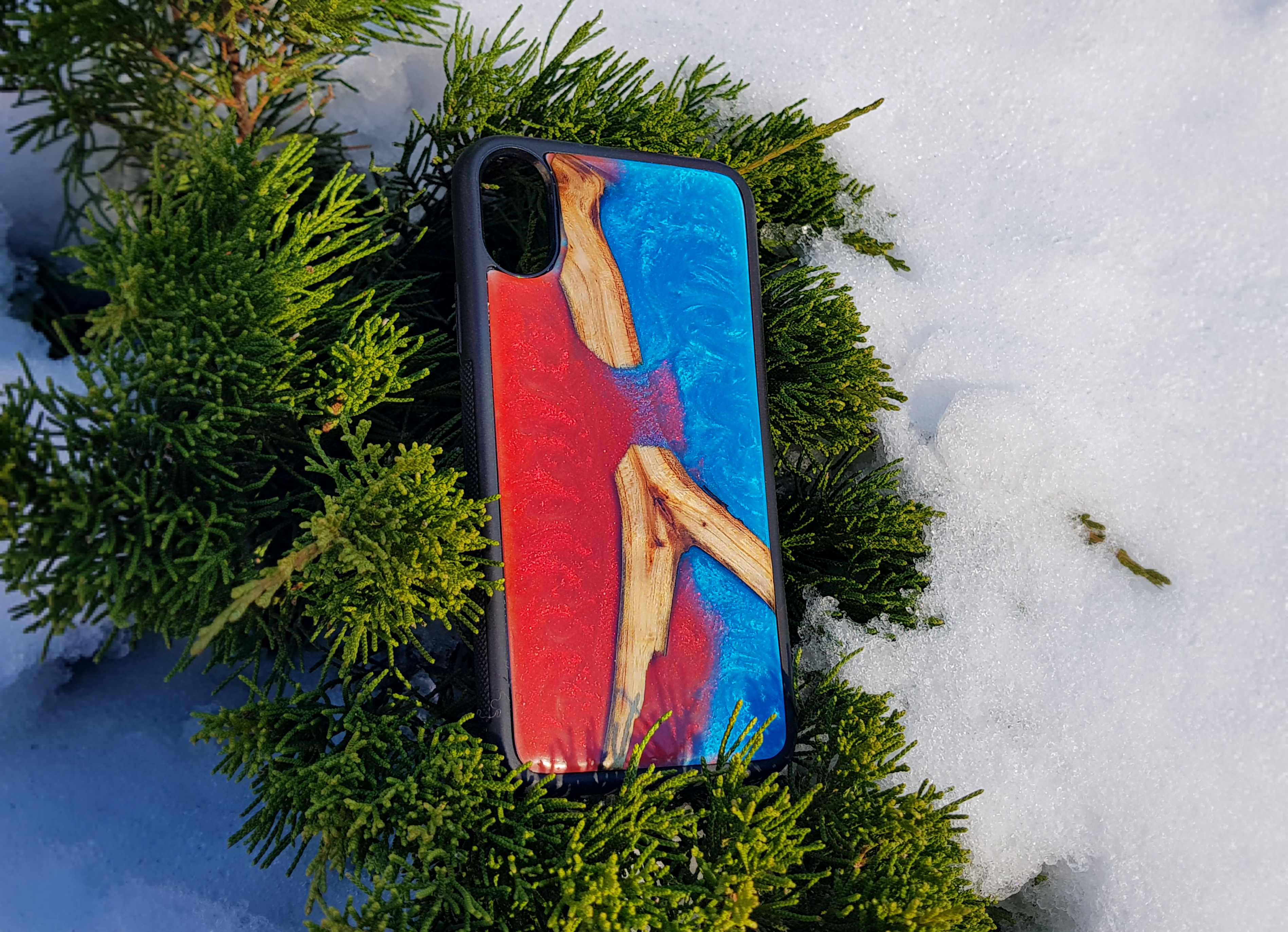 

Чехол на айфон Xs ручної роботи WoodWork Red-Blue