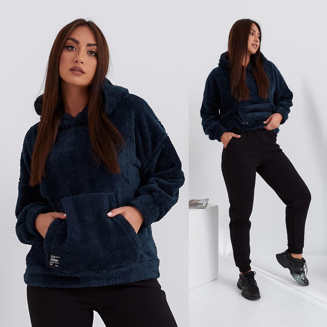 

Теплый женский костюм с махровым худи XL-2XL (-) синий с черным, Теплый женский костюм с махровым худи XL-2XL (52-54) синий с черным