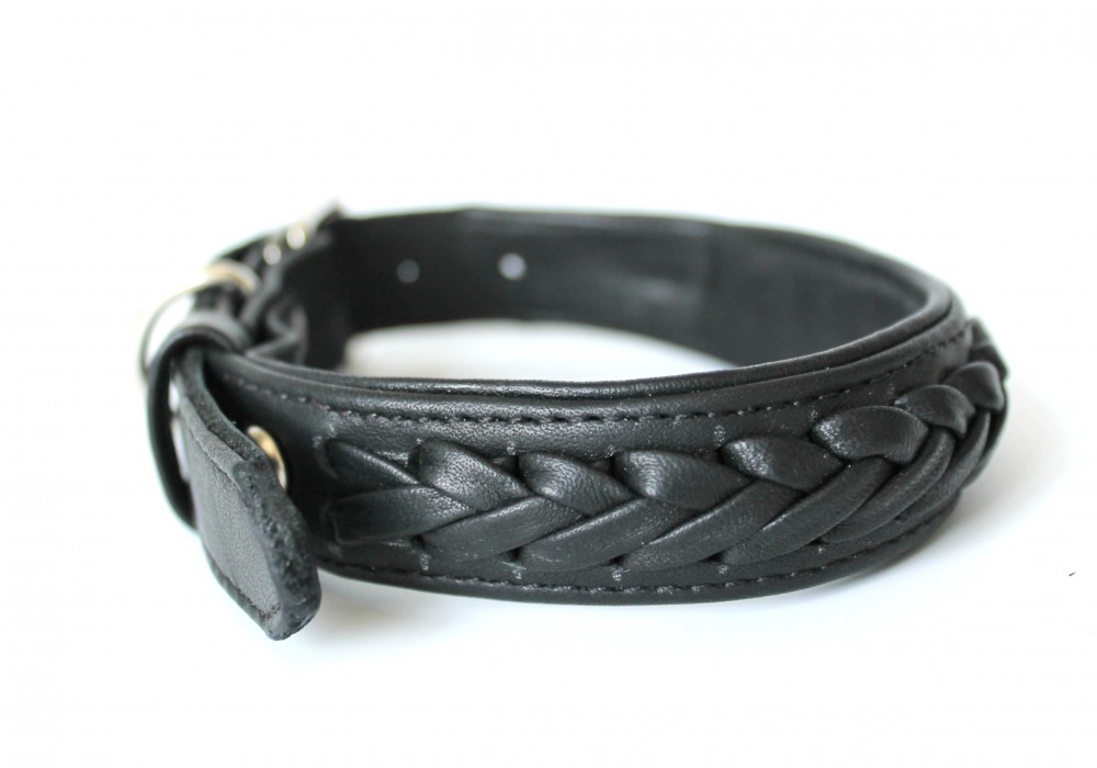 

Кожаный черный ошейник с плетением "Lockdog" для небольших пород собак ширина 30 мм размер S