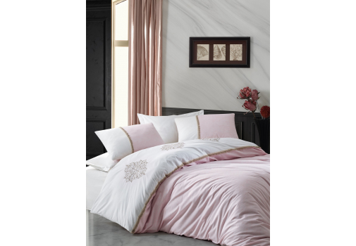 

Комплект постельного белья с вышивкой Cotton Box Carel Pudra 200x220 Бело-розовый