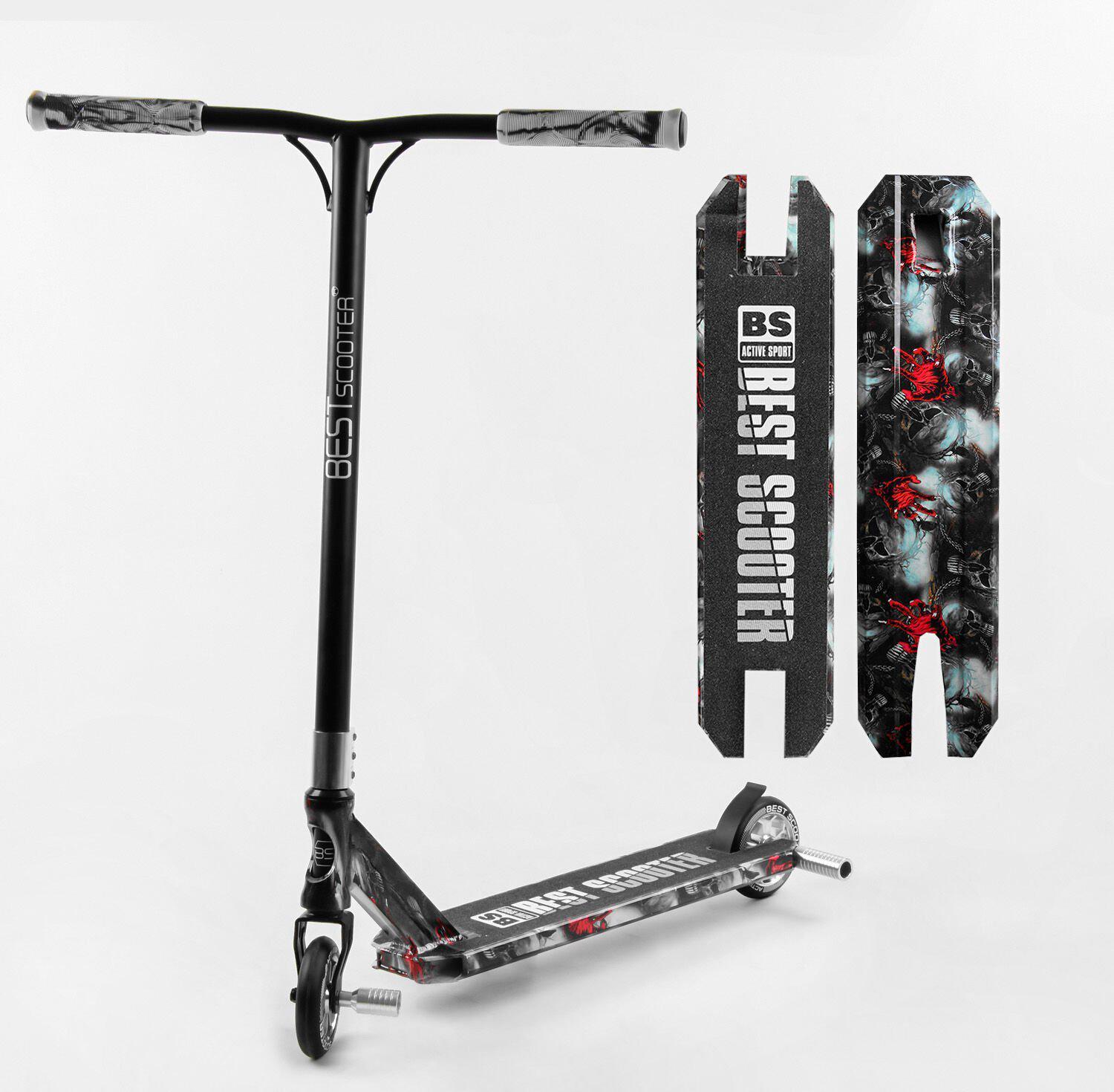 

Самокат трюковый Best Scooter Active Sport BS-77101 HIC-система, пеги, алюминиевый диск и дека с принтом, колёса PU 110мм Черно-серый