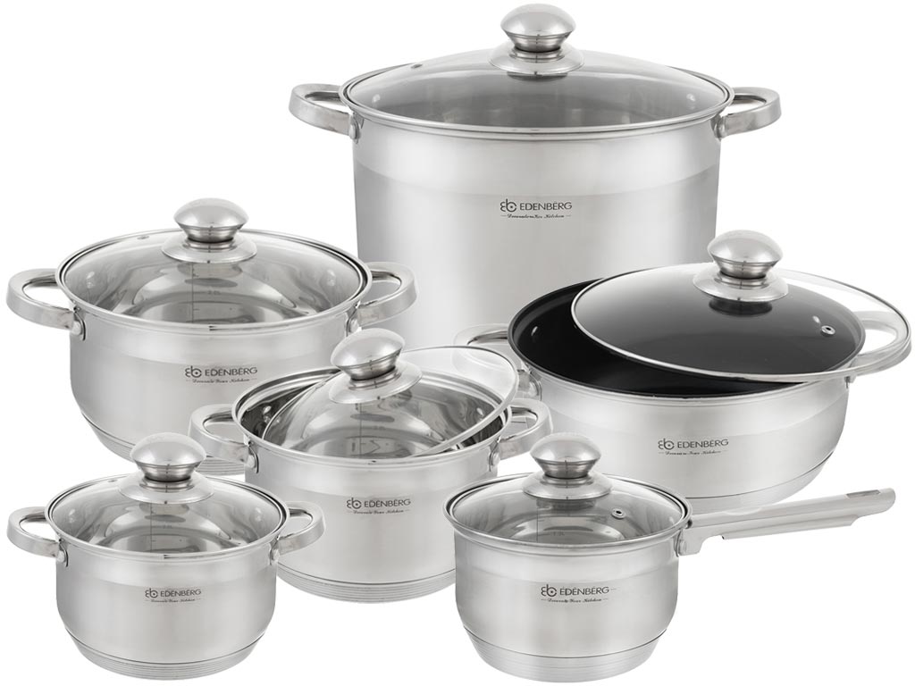 

Набор посуды из нержавеющей стали со стеклянными крышками Edenberg из 12 предметов EB-4020