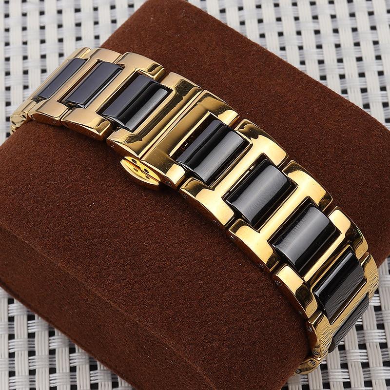 

Браслет для часов из нержавеющей стали с керамическими звеньями, литой, полированный, золотисто-черный. 18 мм