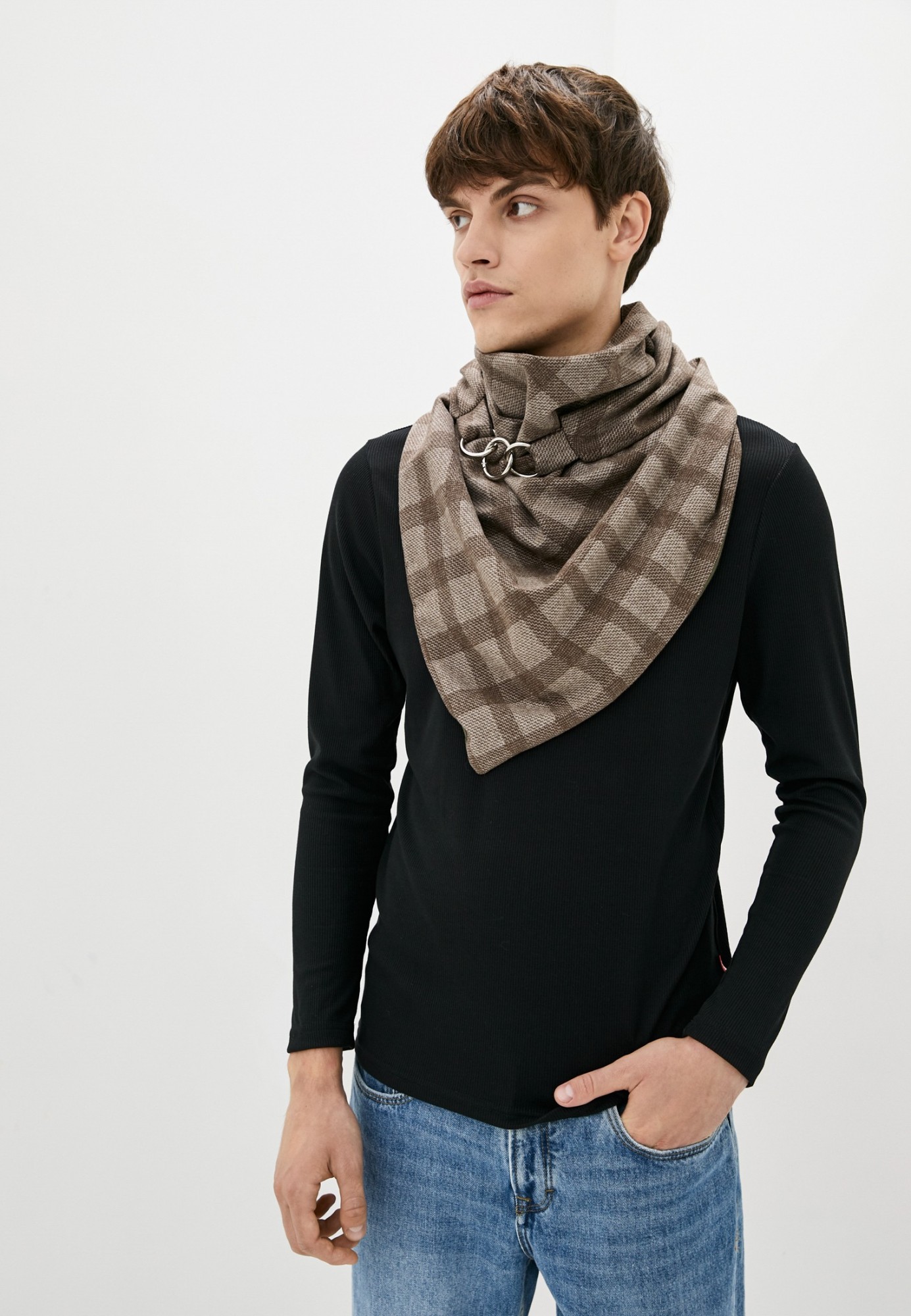 

Шарф "Эдинбург" большой MyScarf теплый коричнево-бежевая клетка, застежка-кольца