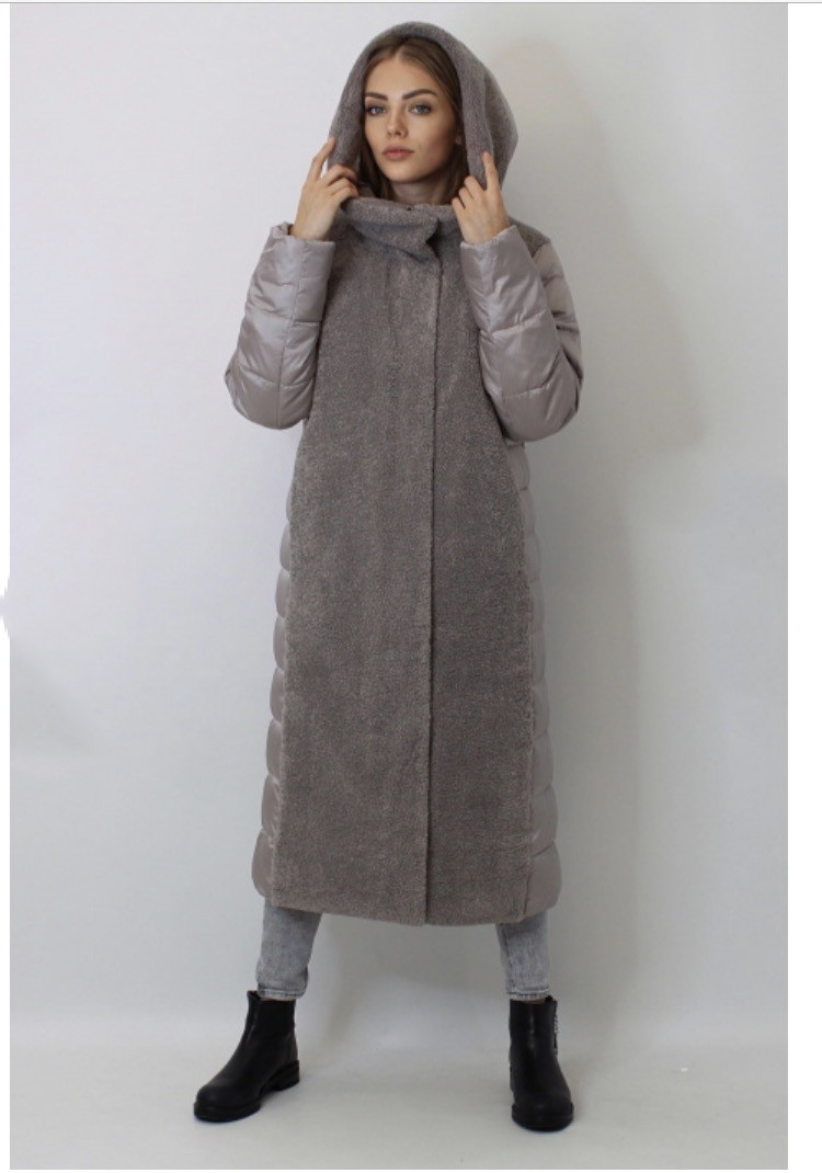 

Женский длинный пуховик шуба Snow Owl Missoi 3XL в расцветке бежевый жемчужный тауп