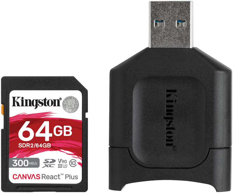 Акція на Kingston SDXC 64GB Canvas React Plus Class 10 UHS-II U3 V90 + USB-кардридер (MLPR2/64GB) від Rozetka UA