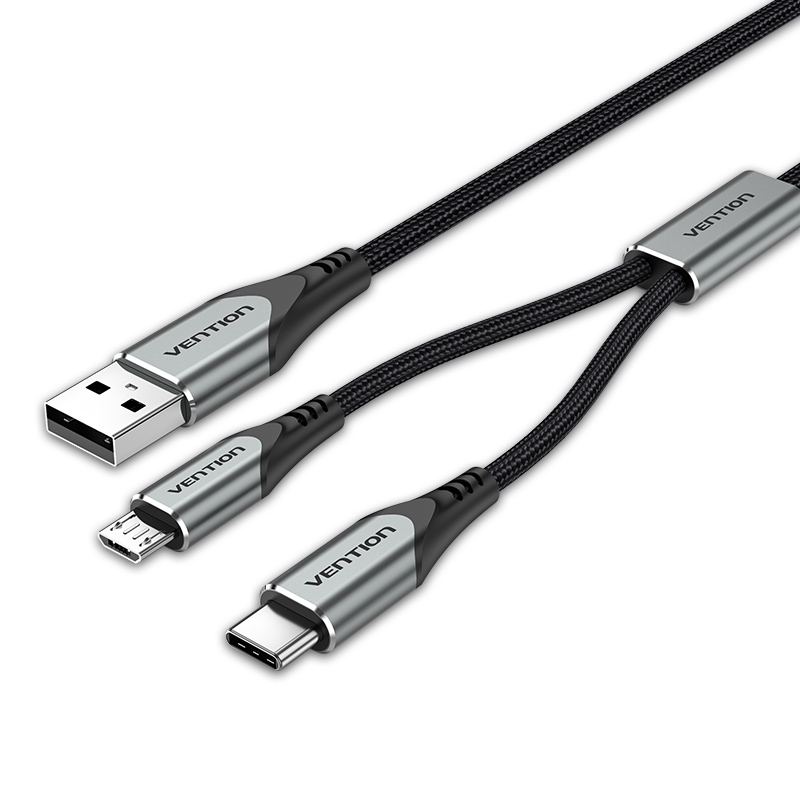 

Кабель 2 в 1 USB-MicroUSB-Type-C Vention Nylon 2.4А 480Mbps nickel-plated 1m Grey