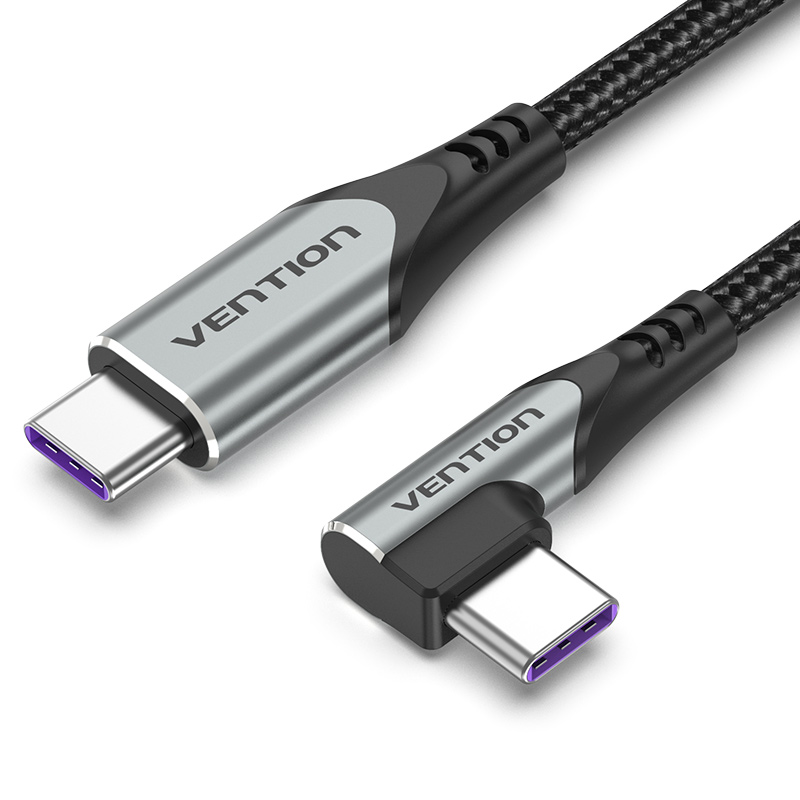 

Кабель Type-C-Type-C Vention TPE Nylon 90° Degree PD 100W 5A 480Mbps nickel-plated 0.5m Grey