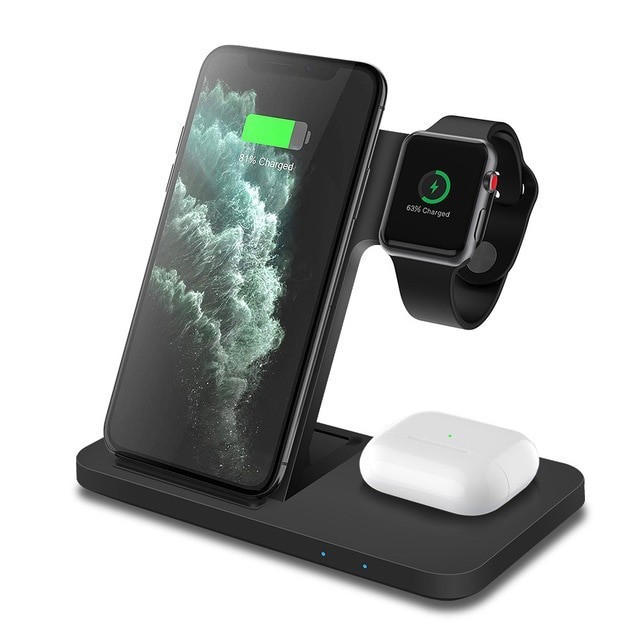 

​Беспроводное зарядное устройство 3 в 1 Qi 15 Вт для iPhone 12 11 Pro XS MAX XR X 8 Apple Watch SE 6 5 4 3 AirPods Black