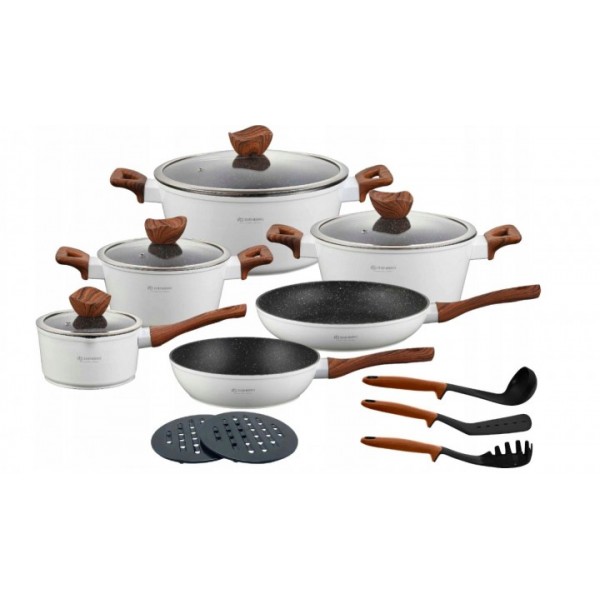 

Набор посуды кухонной из алюминия с антипригарным мраморным покрытием со стеклянными крышками 15 предметов Edenberg EB-5622 Белый