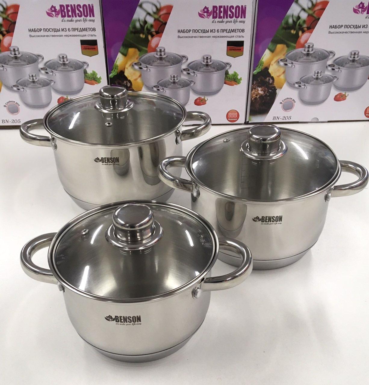

Набор кастрюль Benson BN-205 с крышками 2.1л 2.9л 3.9л из нерж. стали 6 предметов Серебристый