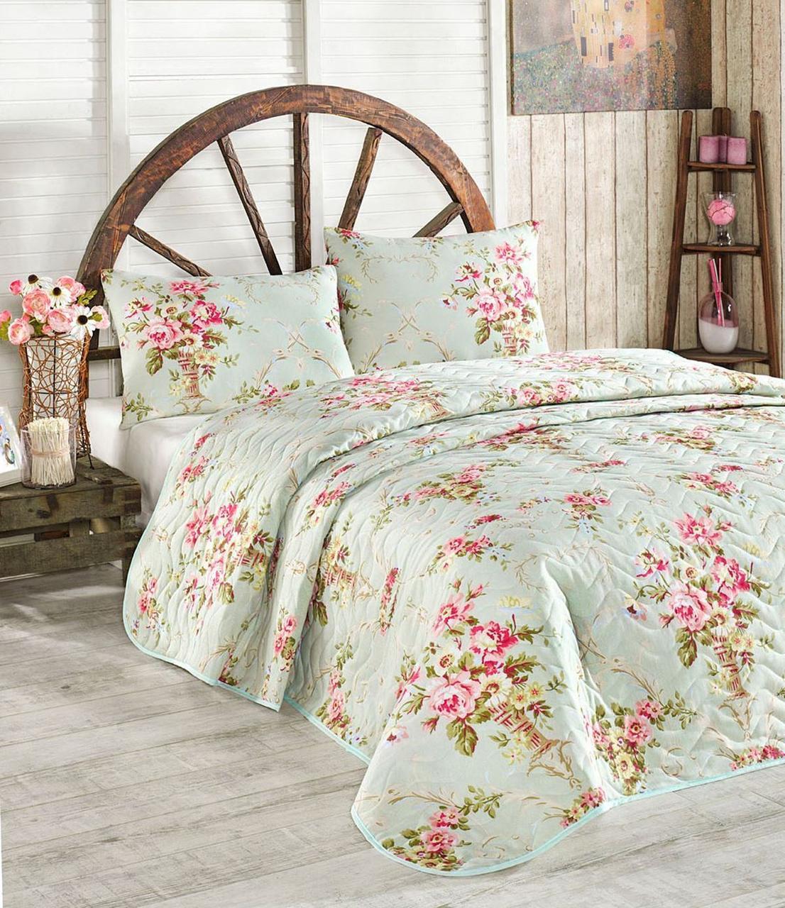 

Покрывало стеганное с наволочками 160*220 Eponj Home B&W Alanur Mint ментол