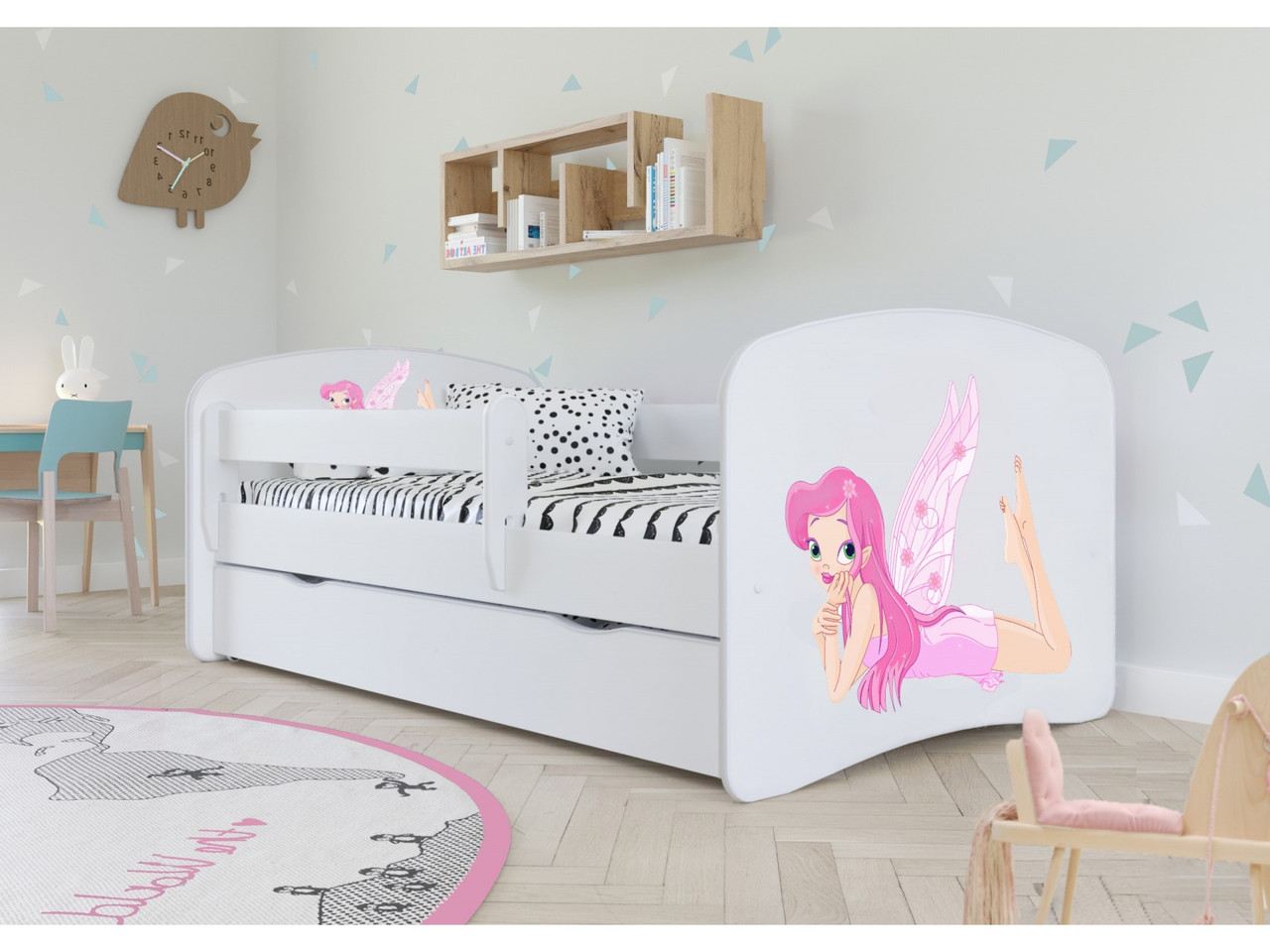 

Кроватка детская Kocot Kids Baby Dreams Фея с крыльями Белый/Розовый с принтом односпальная с перилами и ящиком на колесах + ламели FLEX