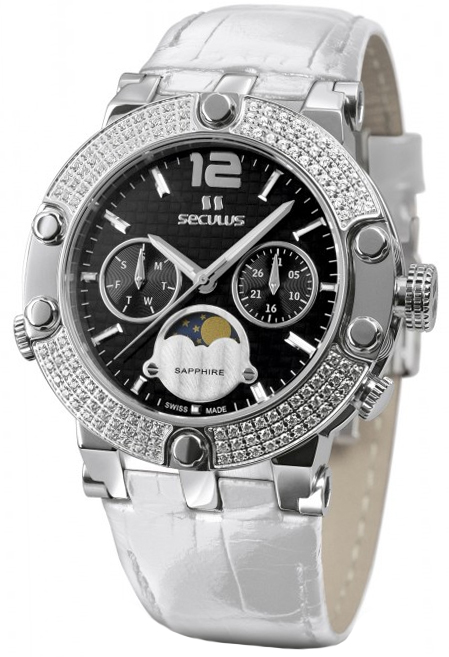 

Женские часы Seculus 1690.5.706 black, ss with stones, white leather