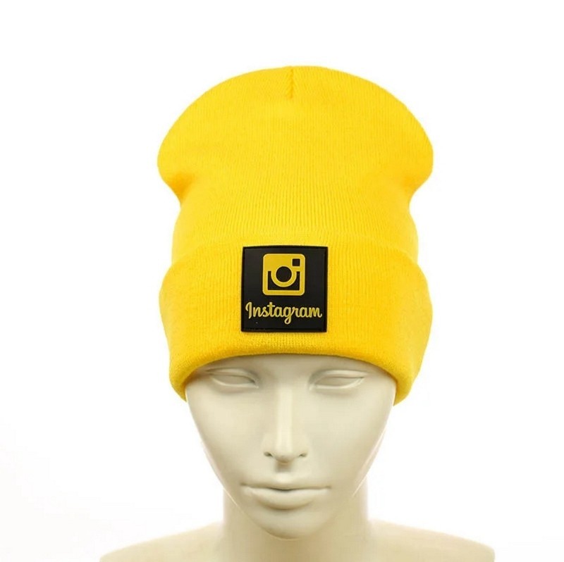 

Подростковая шапка STD с резиновым патчем Instagram / Инстаграм Желтая, детская шапка-лопата с отворотом
