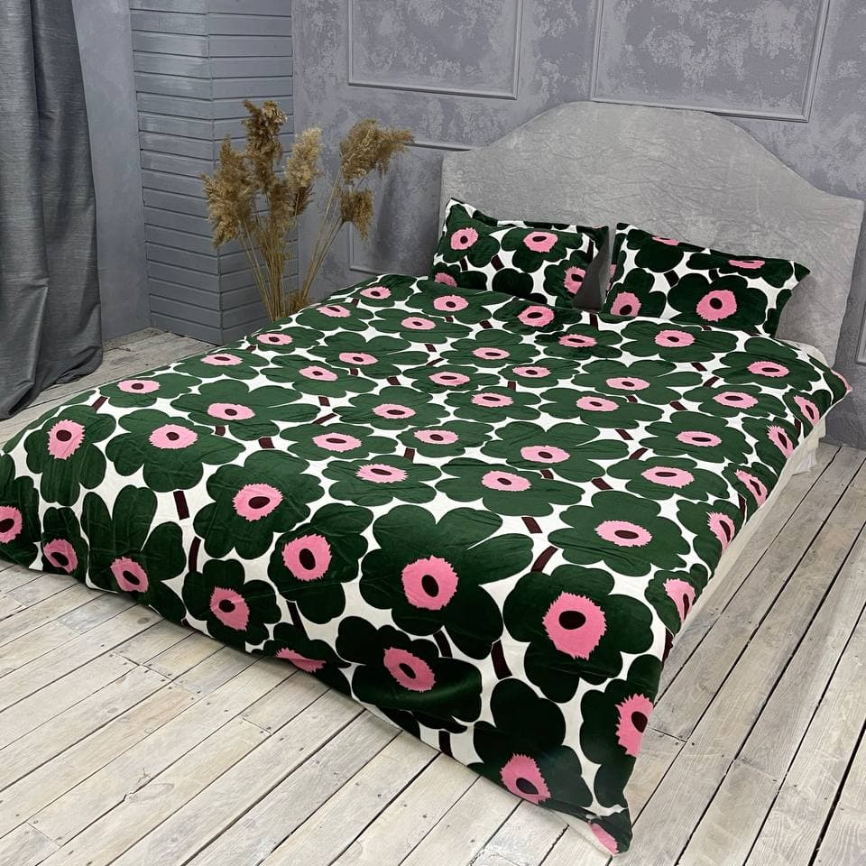 

Плюшевое постельное белье микрофибра Cappone Маки 160х200 см Зелёные