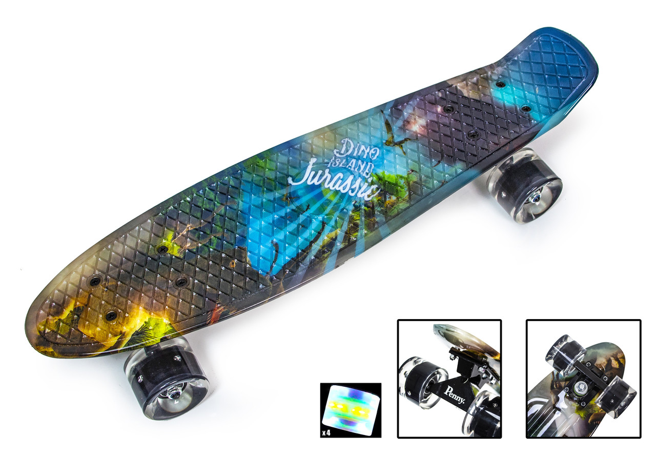 

Пенни борд (Penny Board) 22" со светящимися колёсами, Динозавр