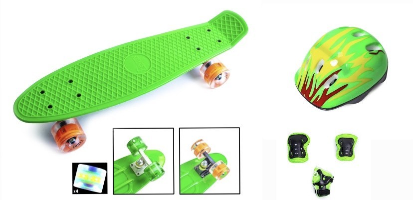 

Шлем + Защита + Пенни борд (Penny Board) 22 Зелений цвет со светящимися колесами