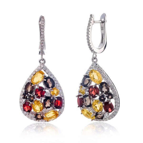 

Серебряные серьги Silver925 с дымчатым кварцем, цитрином и гранатом