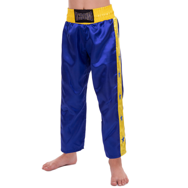 

Штаны для кикбоксинга детские Matsa Heroe 6736 размер XL 140-144 см 11 лет Blue-Yellow