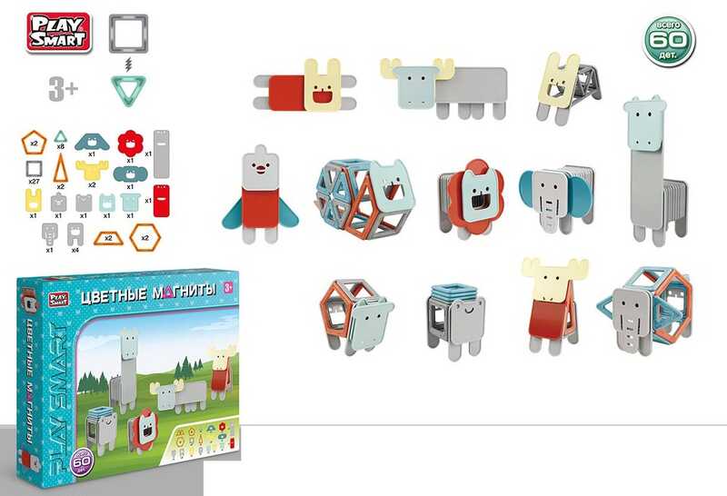 

Конструктор магнитный 2469 "Play Smart", “Животные”, 60 деталей