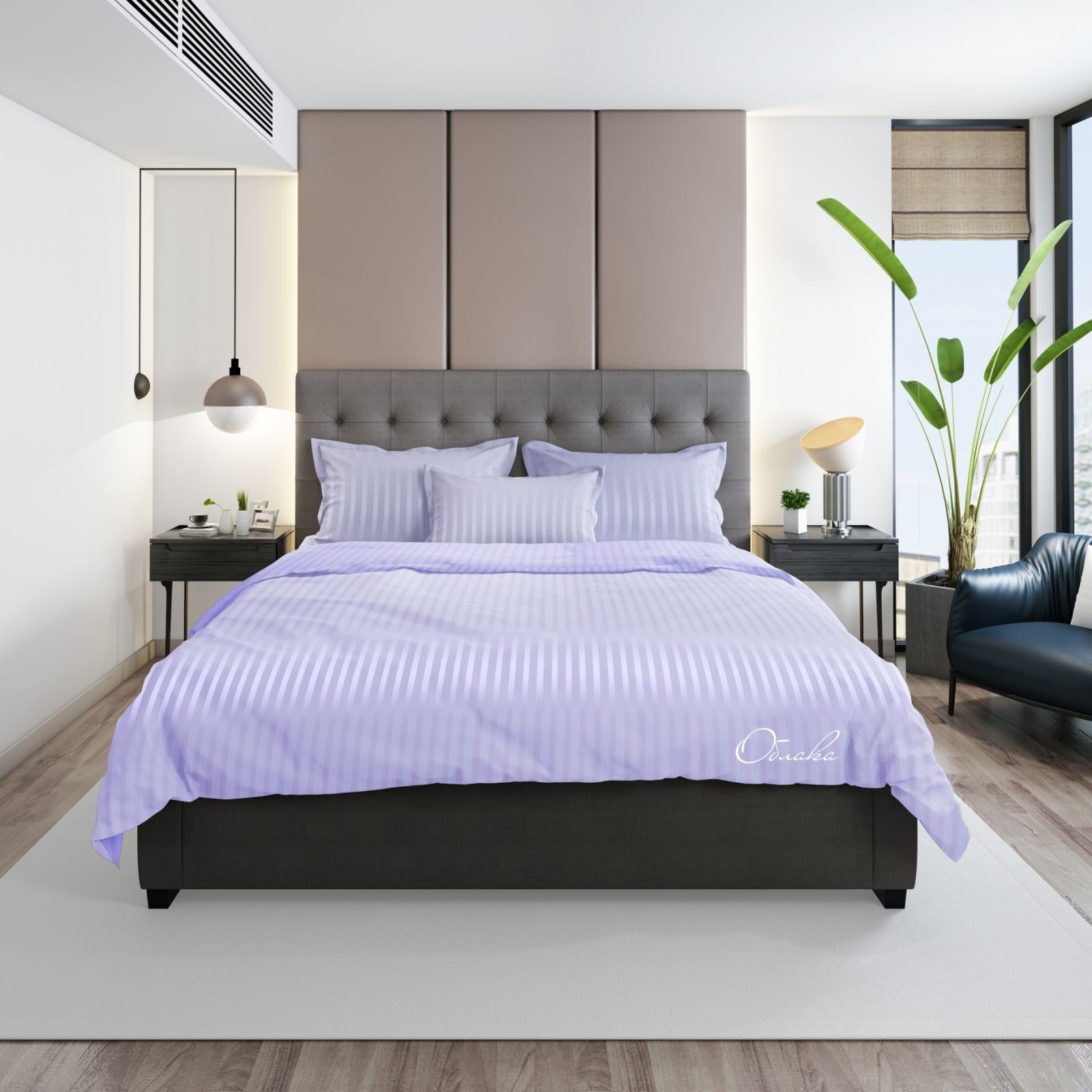 

Комплект постельного белья Облака Пододеяльник на Молнии Страйп сатин Двуспальный Сирень