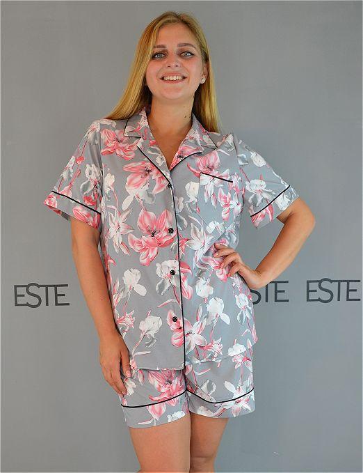 

Пижама женская Este рубашка и шорты с рисунком - серый1727, Пижама женская Este рубашка и шорты с рисунком 48-50 серый1727
